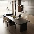 Modern Restaurant Interior With Marble Dining Table Black Chairs Pendant Lights And Wooden Flooring