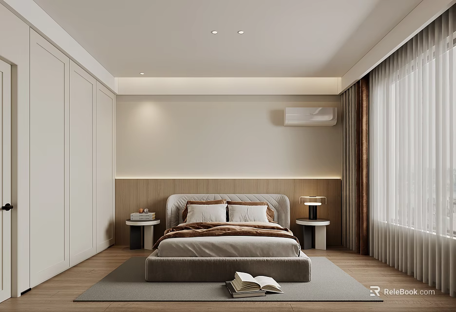 Minimalist Bedroom Interior Design With Bed Nightstands Wardrobes Air Conditioner And Curtains 3d model 