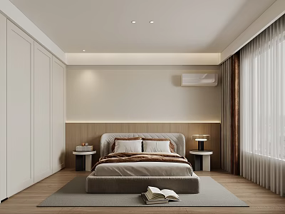 Minimalist Bedroom Interior Design With Bed Nightstands Wardrobes Air Conditioner And Curtains 3d model