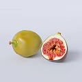 Whole Green Fig and Halved Fig with Red Inner Flesh on Light Background