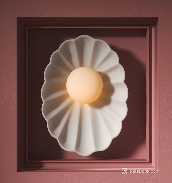 White Petal Shaped Wall Lamp With Illuminated Round Bulb On Pink Wall 3d model 