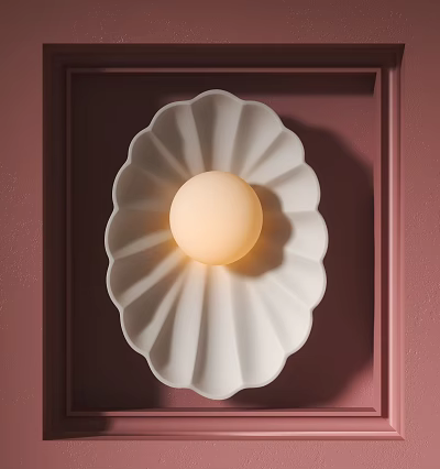 White Petal Shaped Wall Lamp With Illuminated Round Bulb On Pink Wall 3d model