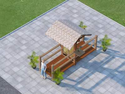 Wooden Pergola With Thatch Roof In Outdoor Paved Area With Potted Plants 3d model