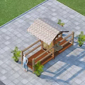 Wooden Pergola With Thatch Roof In Outdoor Paved Area With Potted Plants