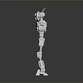 Silver Robot Character With Metallic Body Extended Arms Standing On Dark Background With Reflection