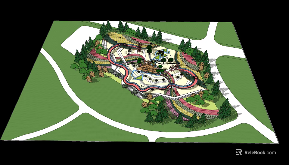 Park Landscape Design With Curved Walkways Lush Trees And Green Spaces 3d model 
