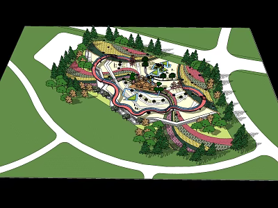 Park Landscape Design With Curved Walkways Lush Trees And Green Spaces 3d model