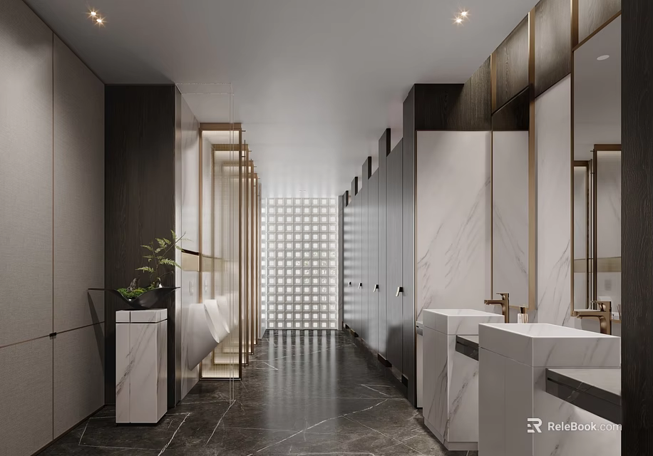 Modern Luxury Public Restroom With Long Corridor Marble Washbasins Mirrors Green Plants And Lighting Design 3d model 