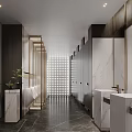 Modern Luxury Public Restroom With Long Corridor Marble Washbasins Mirrors Green Plants And Lighting Design