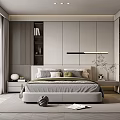 Modern Bedroom Interior Design With Bed Gray And Green Pillows White Cabinets And Bookshelf