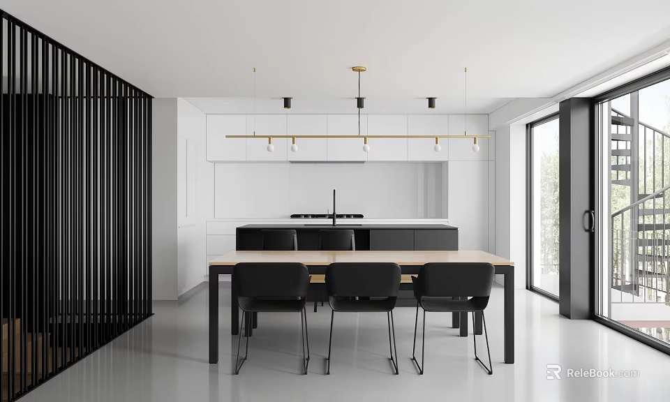 Modern Open Concept Restaurant Interior With Dining Table Chairs And Pendant Lights 3d model