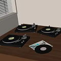 Modern Turntables on Wooden Table with Vinyl Records near Window Venetian Blinds Background