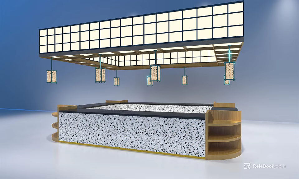 Modern Interior With Wooden Framed Speckled Counter Grid Ceiling And Hanging Lights 3d model 