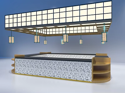 Modern Interior With Wooden Framed Speckled Counter Grid Ceiling And Hanging Lights 3d model