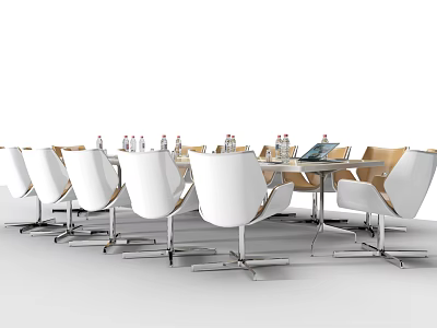 Modern Conference Table With White Chairs Water Bottles And Laptop Setup 3d model