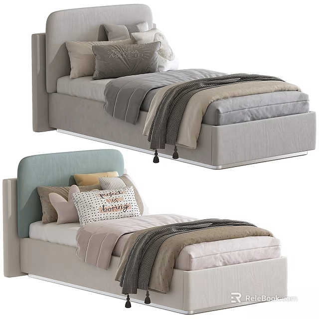 Modern Children's Bed With Upholstered Headboard Soft Pillows And Cozy Blankets In Neutral Tones 3d model 