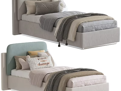 Modern Children's Bed With Upholstered Headboard Soft Pillows And Cozy Blankets In Neutral Tones 3d model