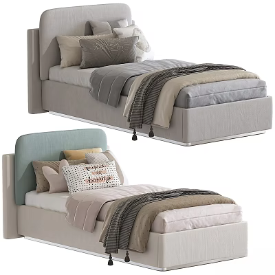 Modern Children's Bed With Upholstered Headboard Soft Pillows And Cozy Blankets In Neutral Tones 3d model