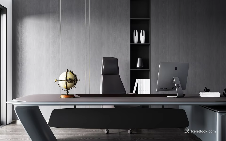 Elegant Modern Office Desk Interior With Globe Black Chair Bookshelf Books And Computer 3d model 