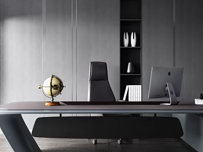 Elegant Modern Office Desk Interior With Globe Black Chair Bookshelf Books And Computer 3d model