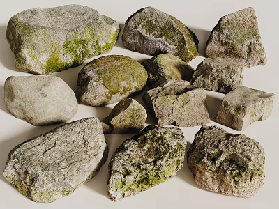 Natural Mossy Stones With Various Sizes Shapes And Textured Surfaces 3d model