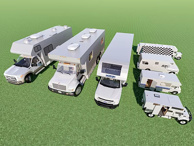Different Types of Recreational Vehicles and Trailers Parked on Green Grass 3d model