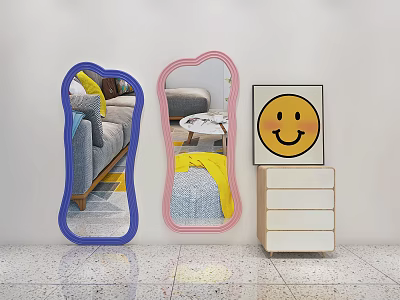 Irregular Shaped Mirrors Blue Pink Frames Living Room Smiley Face Artwork White Chest Of Drawers 3d model