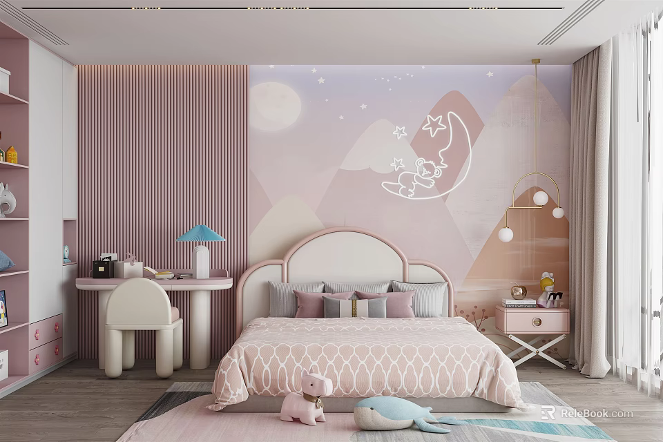 Kids Bedroom With Pink Purple Wall Decor Moon Stars Upholstered Headboard Desk Chair Stuffed Toys 3d model 