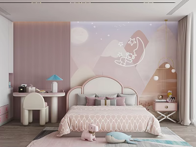 Kids Bedroom With Pink Purple Wall Decor Moon Stars Upholstered Headboard Desk Chair Stuffed Toys 3d model