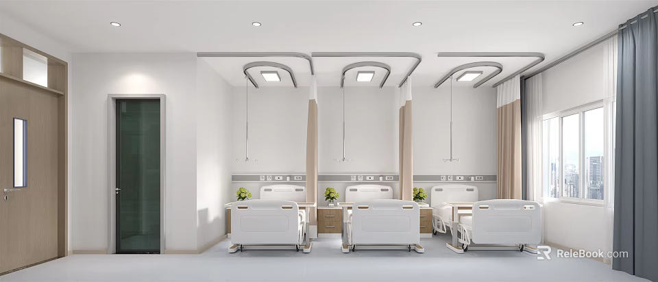 Modern Hospital Ward Interior With White Beds Green Plants And Curved Lighting Design 3d model 