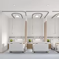 Modern Hospital Ward Interior With White Beds Green Plants And Curved Lighting Design