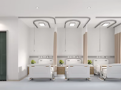 Modern Hospital Ward Interior With White Beds Green Plants And Curved Lighting Design 3d model