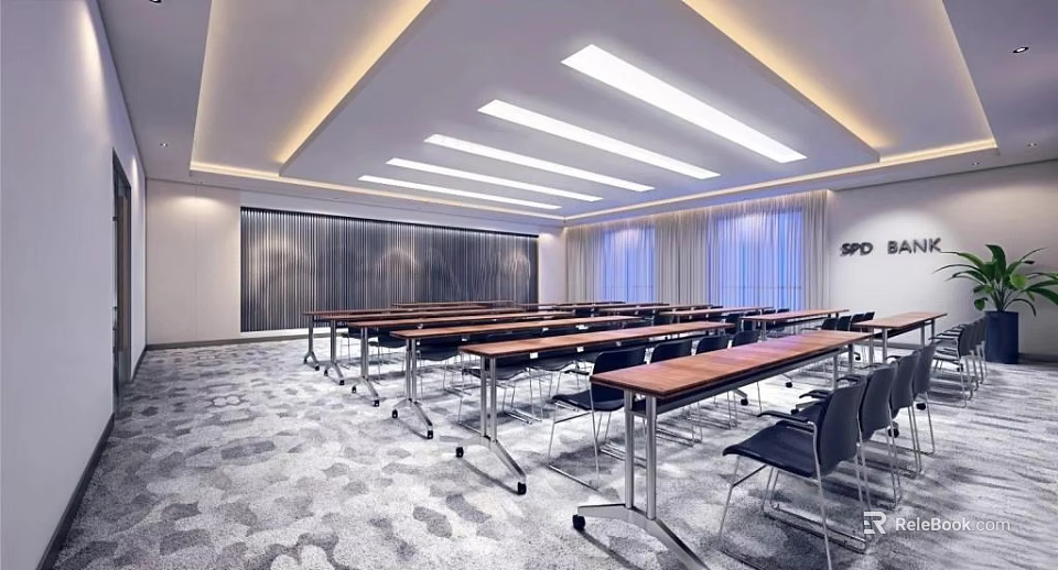Modern Conference Room With Long Tables Black Chairs And Linear Ceiling Lights 3d model 