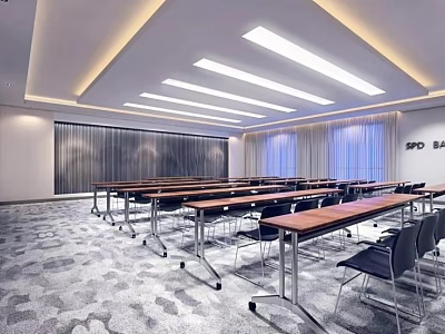 Modern Conference Room With Long Tables Black Chairs And Linear Ceiling Lights 3d model