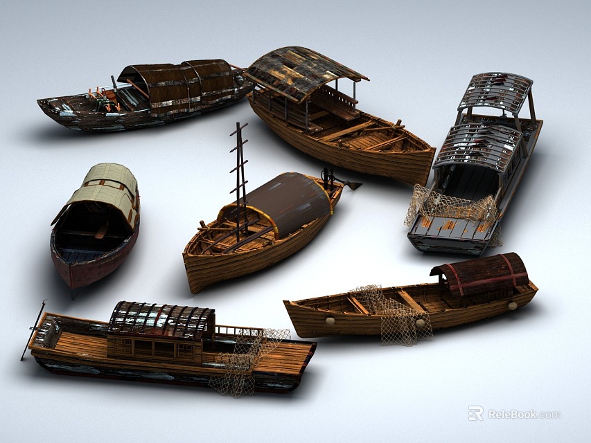Various Traditional Wooden Boats with Vintage Designs and Classic Structures and Details 3d model 
