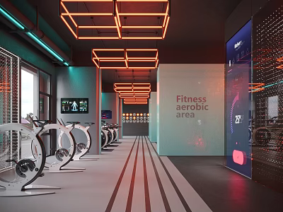 Modern Indoor Fitness Studio With Spin Bikes And Neon Lights 3d model