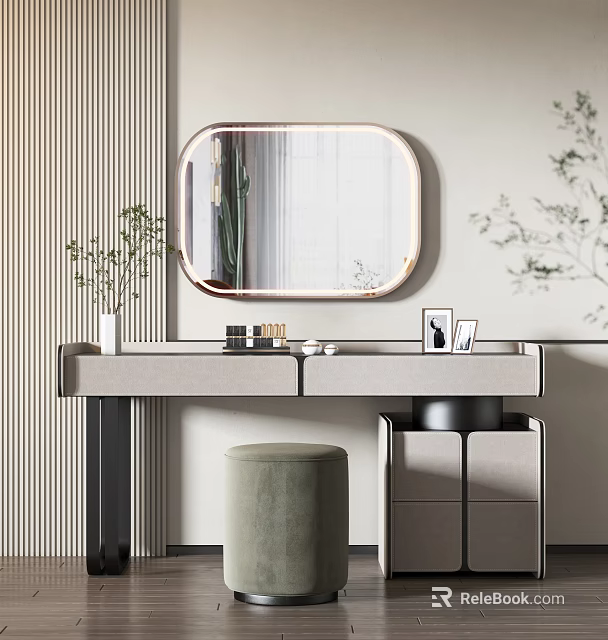 Elegant Modern Vanity With Oval Mirror Stool And Decorative Accents 3d model 