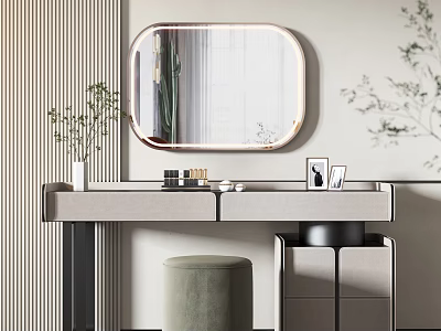 Elegant Modern Vanity With Oval Mirror Stool And Decorative Accents 3d model