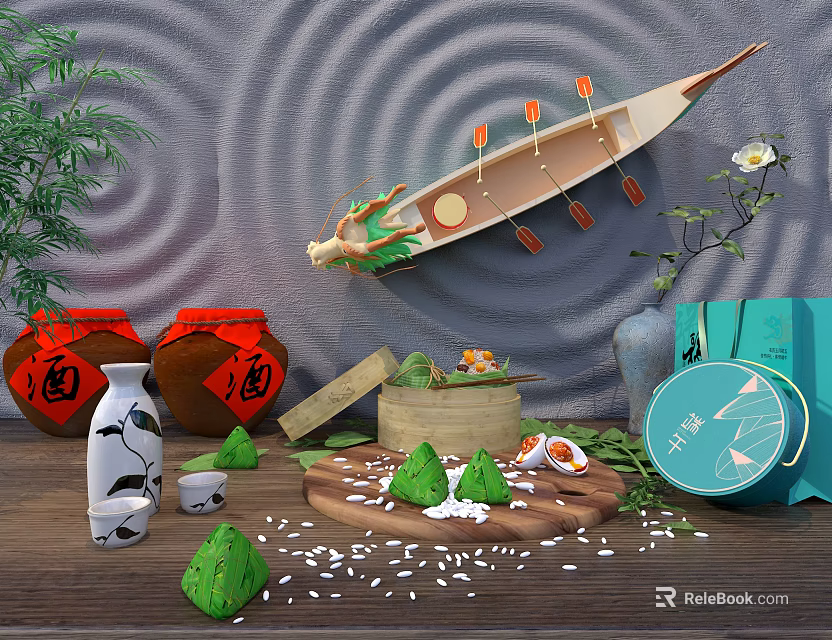 Traditional Daily Use Items Including Glutinous Rice Dumplings Bamboo Steamer Earthen Jars And Tea Canister 3d model 