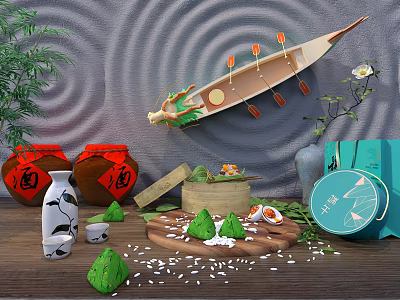 Traditional Daily Use Items Including Glutinous Rice Dumplings Bamboo Steamer Earthen Jars And Tea Canister 3d model