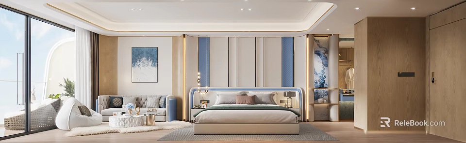 Modern Luxury Hotel Guest Room With Comfortable King Bed And Cozy Leisure Sitting Area 3d model 