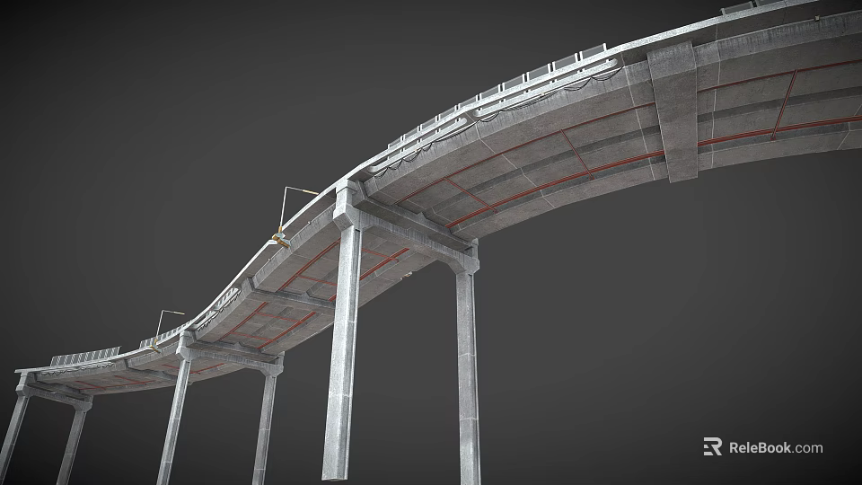 Modern Concrete Highway Bridge With Curved Deck Support Piers And Guardrails 3d model 