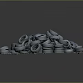 Pile of Stacked Used Tires on White Surface with Gray Background