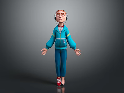 3D Model Game Movie Character In Blue Tracksuit With Red Shoes And Headphones 3d model