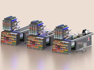 Supermarket Grocery Store Checkout Counters With Product Shelves And Shopping Cart 3d model