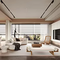Modern Living Room Interior With White Sofa Coffee Table TV Cabinet And Large Windows