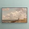 Vintage Landscape Painting With Dramatic Sky Clouds Lighthouse Sea Ships And Shore Figure