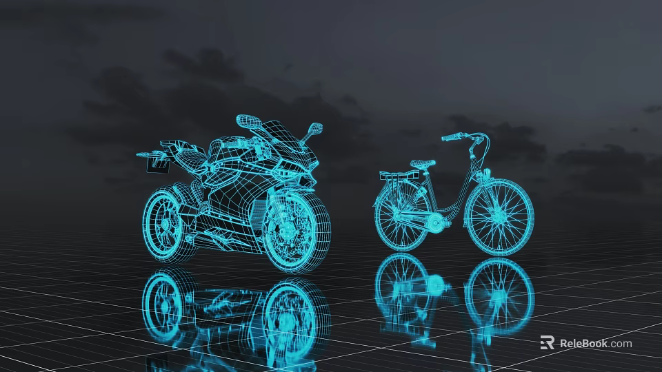 Blue Bicycle 3D Wireframe Model Beside Motorcycle with Dark Sky and Ground Reflection 3d model 