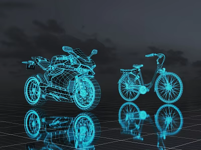 Blue Bicycle 3D Wireframe Model Beside Motorcycle with Dark Sky and Ground Reflection 3d model