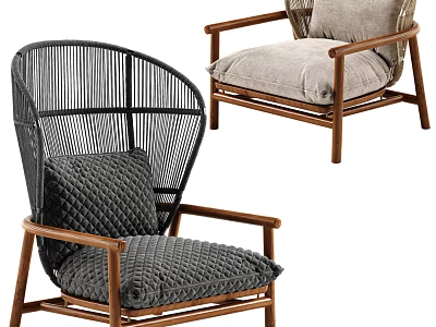 Modern Rattan Accent Chair With Wooden Frame Armrests And Soft Gray Cushion Design 3d model
